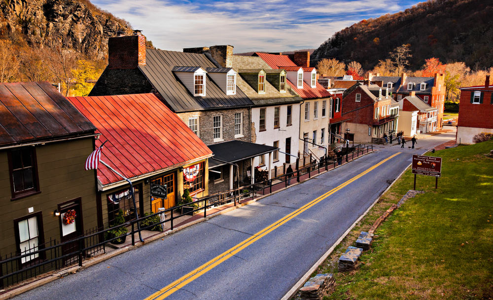 Historic buildings and shops on High Street in Harper's Ferry, West Virginia.