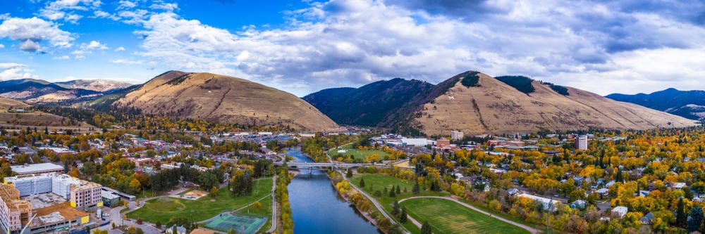 Panoramic and aerial view of Higgins Street Bridge in Missoula, Montana.