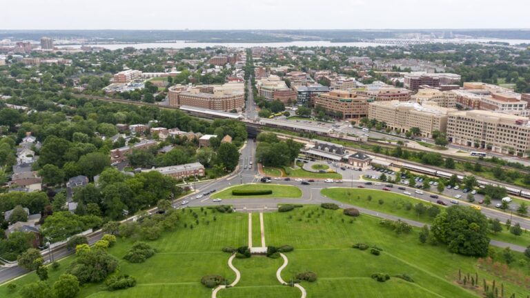 This is an aerial view of the skyline of Alexandria, Virginia.