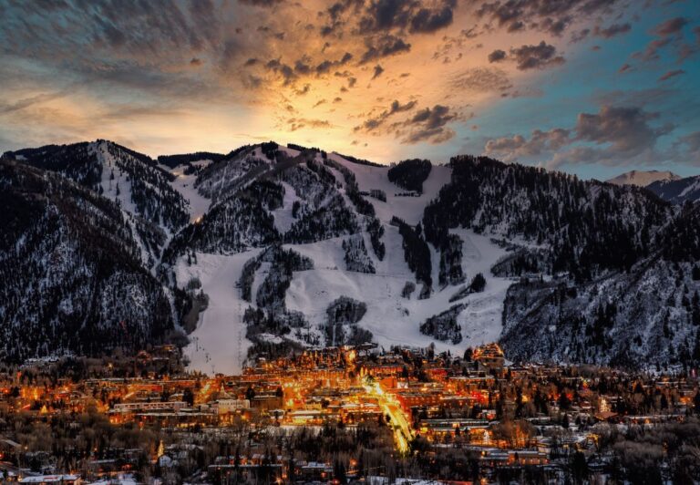 Aspen City skyline during dramatic sunset.