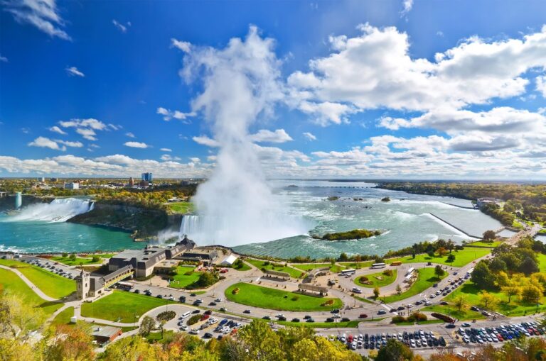 Panorama shot of Niagara Falls during sunny day.