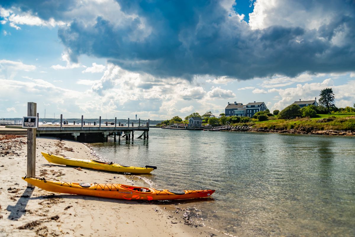 A kayak parked in a river at Kennebunkport Maine.