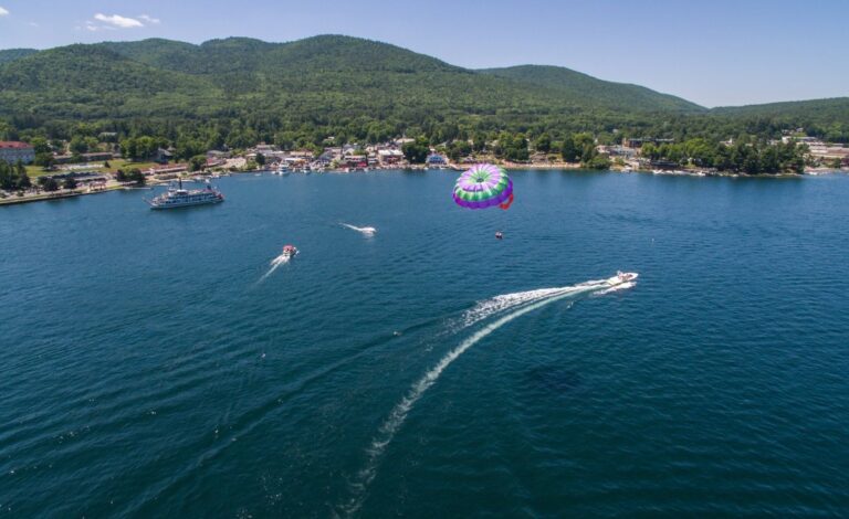 Tourist on a parachute at Lake George, New York.