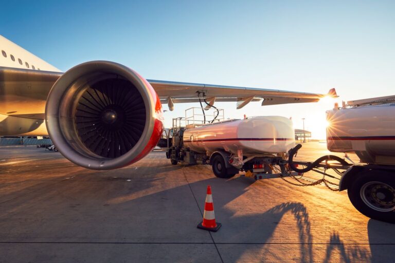 Refueling of a jet airplane.