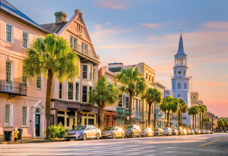 Hotels and parked cars at Charleston, South Carolina.