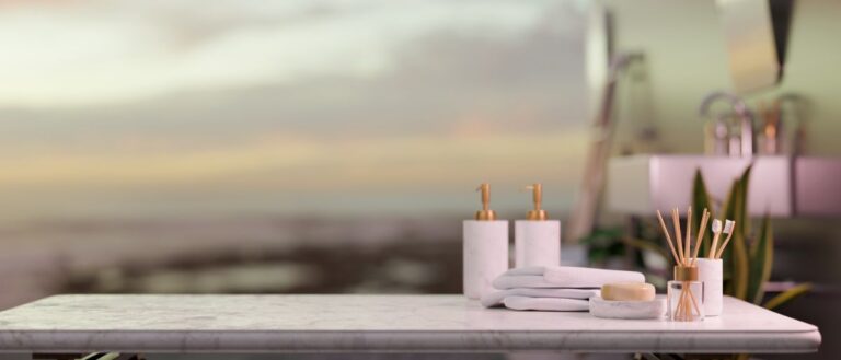 Granite counter top, wooden toothbrush and soap.