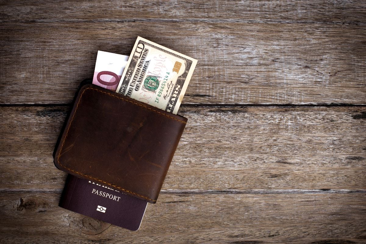 A leather wallet for passport and a paper bill money.