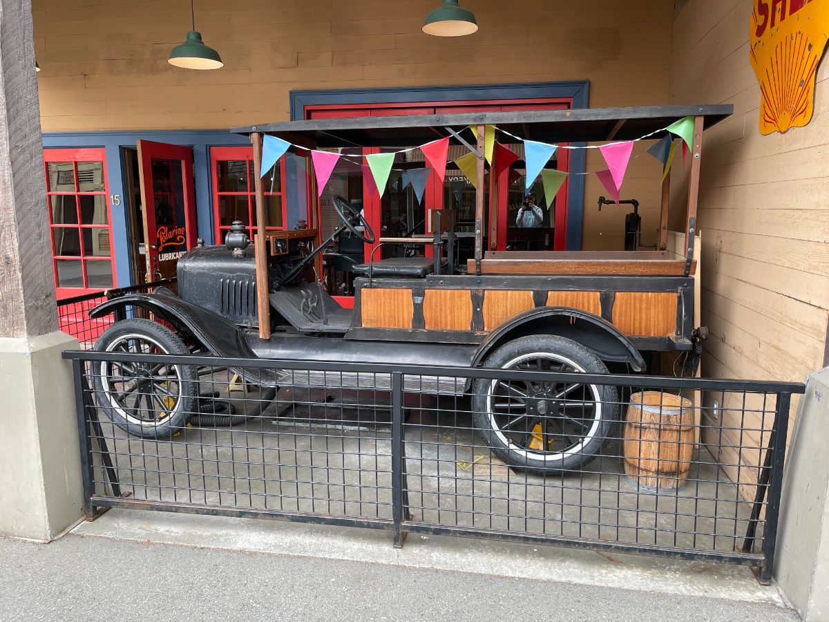 1920s car at the gas station at Burnaby Village Museum