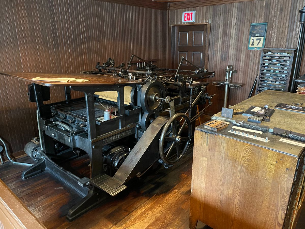 Printing press at 1920s newspaper at Burnaby Village Museum