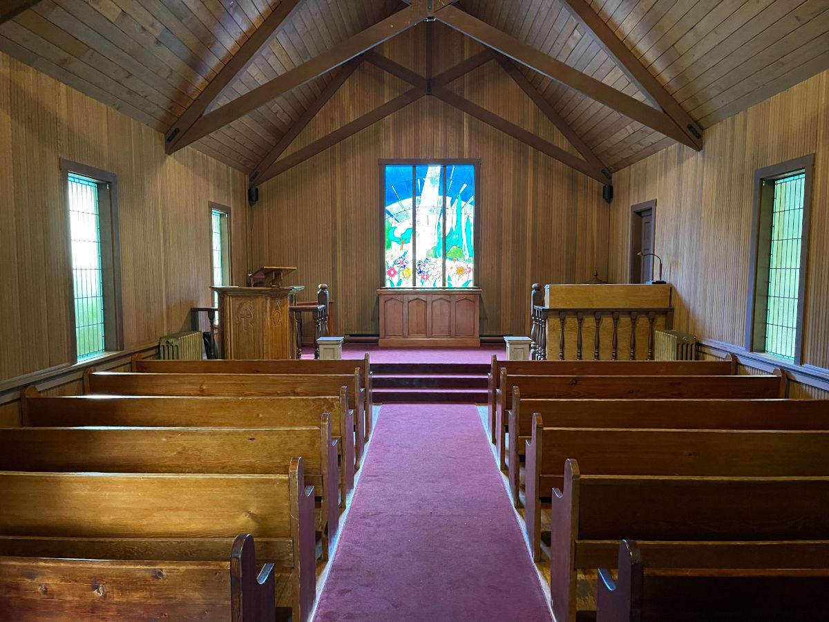 Interior of 1920s church at Burnaby Village Museum