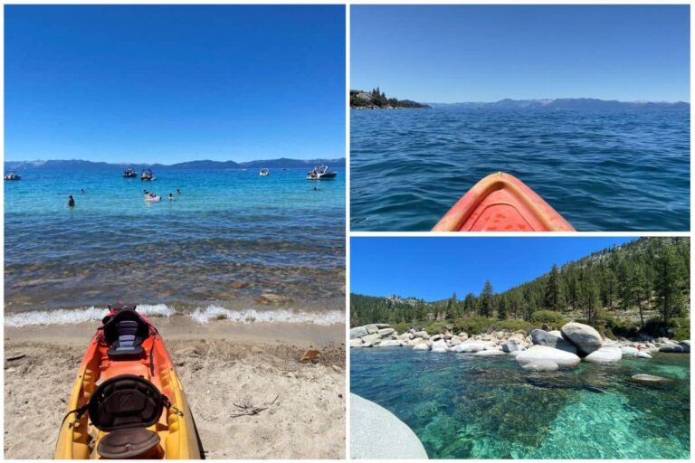 Photo collage of lake tahoe images and kayak on the beach