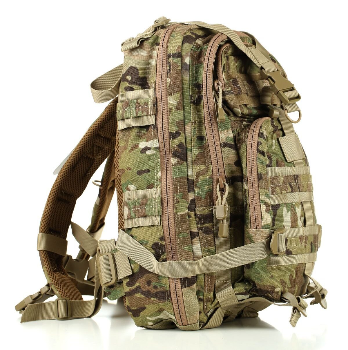 Military backpack on a white background.