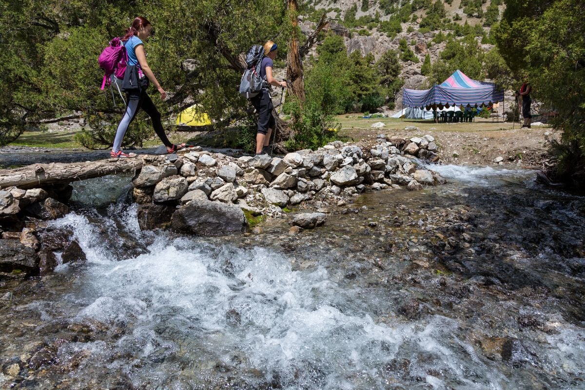 Two woman with backpack crossing a river.