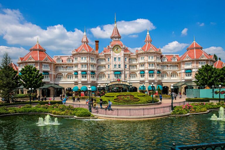 Disneyland amusement park and a small pond.