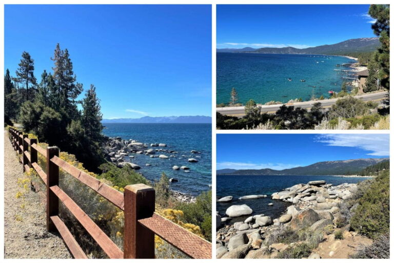 3 photo collage of images of the tahoe east shore trail in lake tahoe nevada