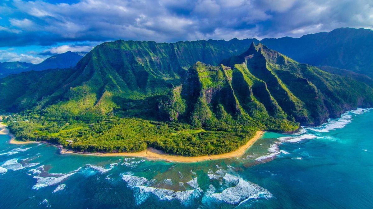 Beautiful mountain views from aerial view in Hawaii