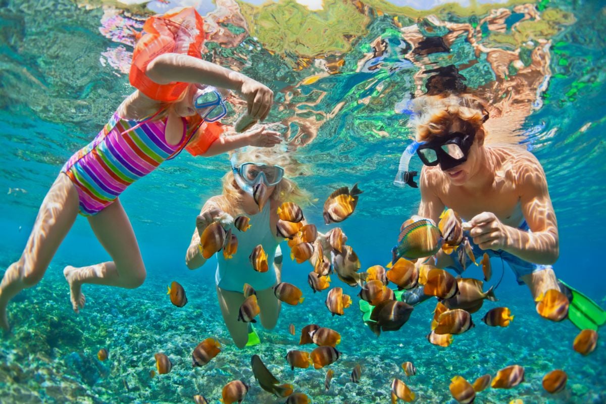 Kids snorkelling in Hawaii with little fishies