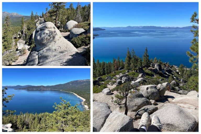 3 photo collage of images of monkey rock hiking trail in lake tahoe nevada