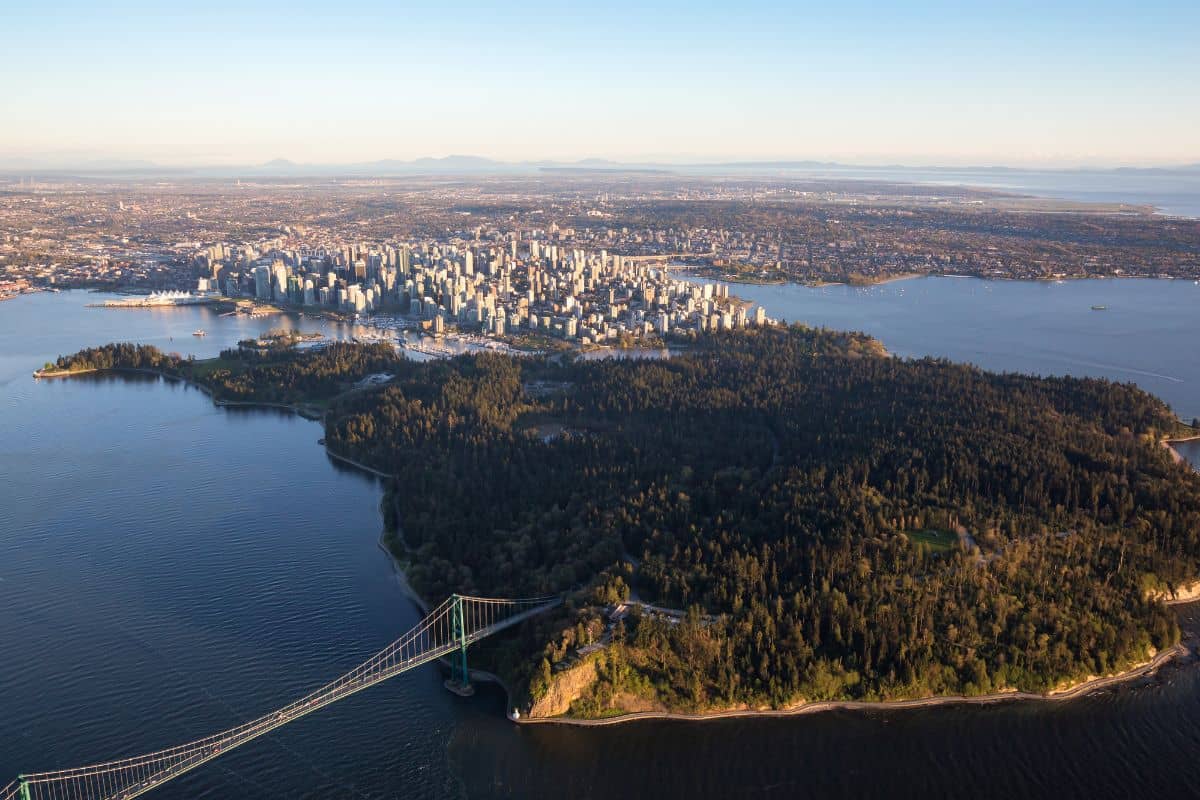 aerial view of stanley park and the lions gate bridge in vancouver