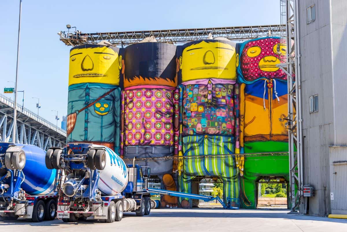 mural painted on large concrete silos in vancouver 