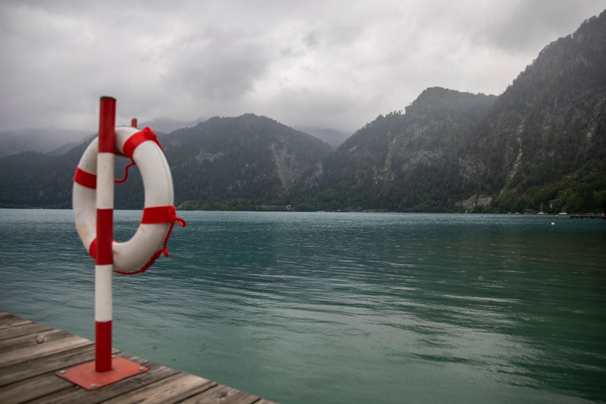 Floatation device next to a beautiful lake scene