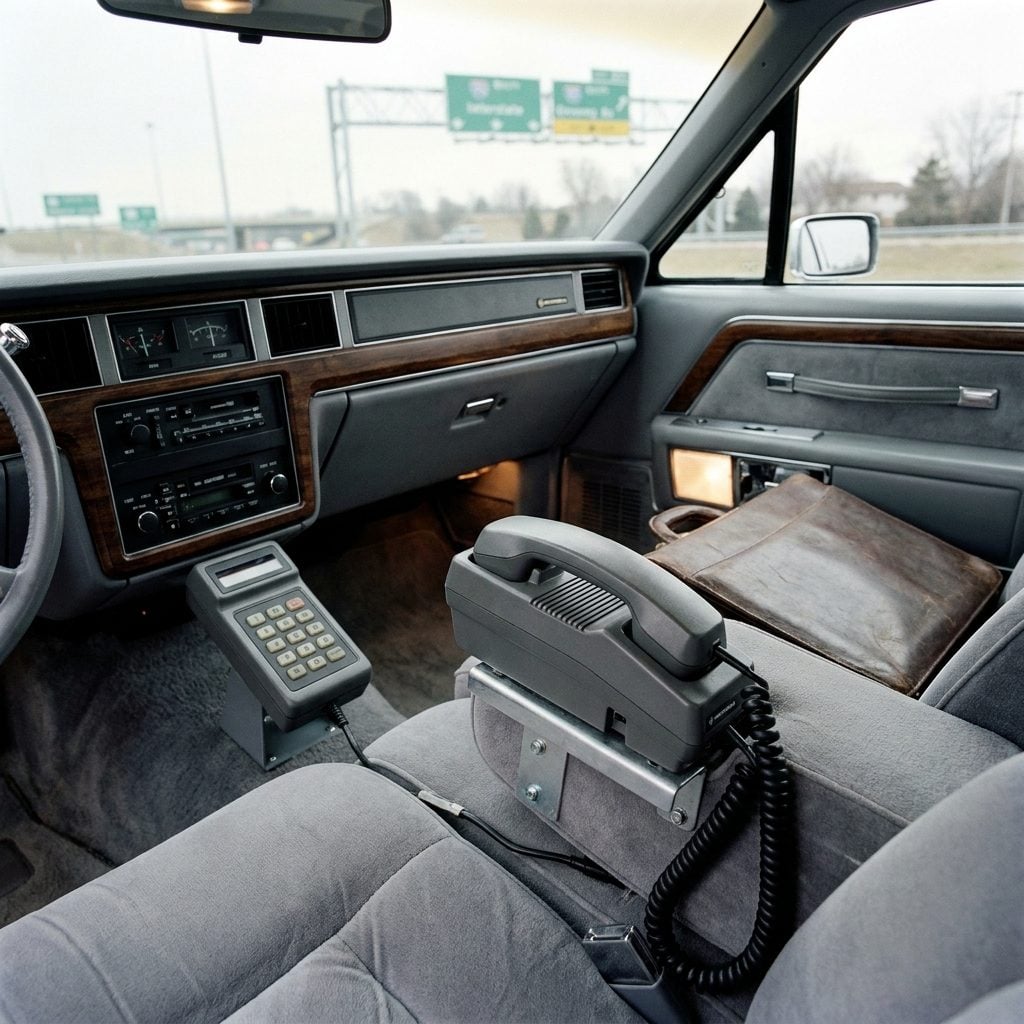 The Car Phone Mounted Between the Seats That Said 'I Have Arrived'