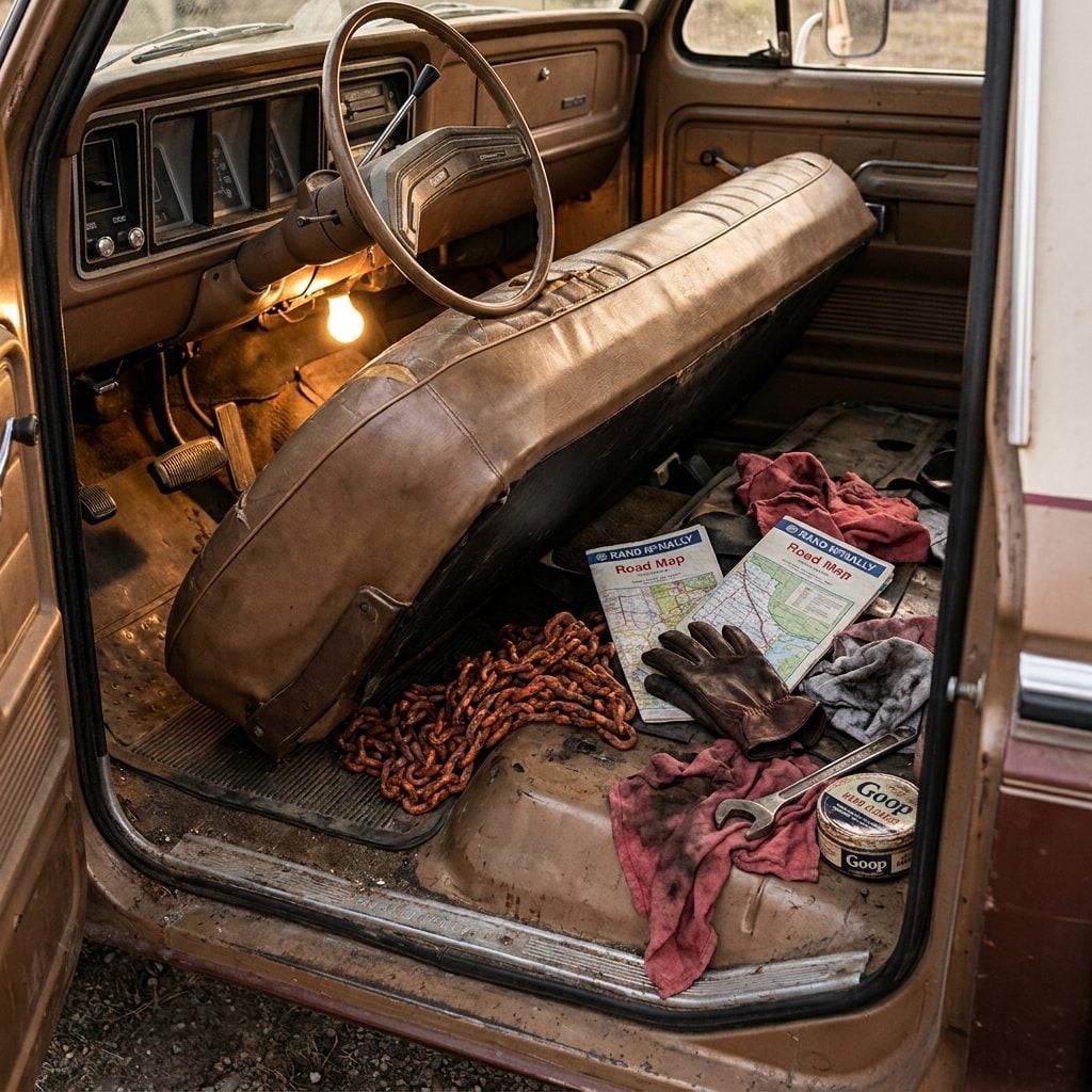 Under-Seat Storage Stuffed With Chains, Maps, Gloves, and Oily Shop Rags