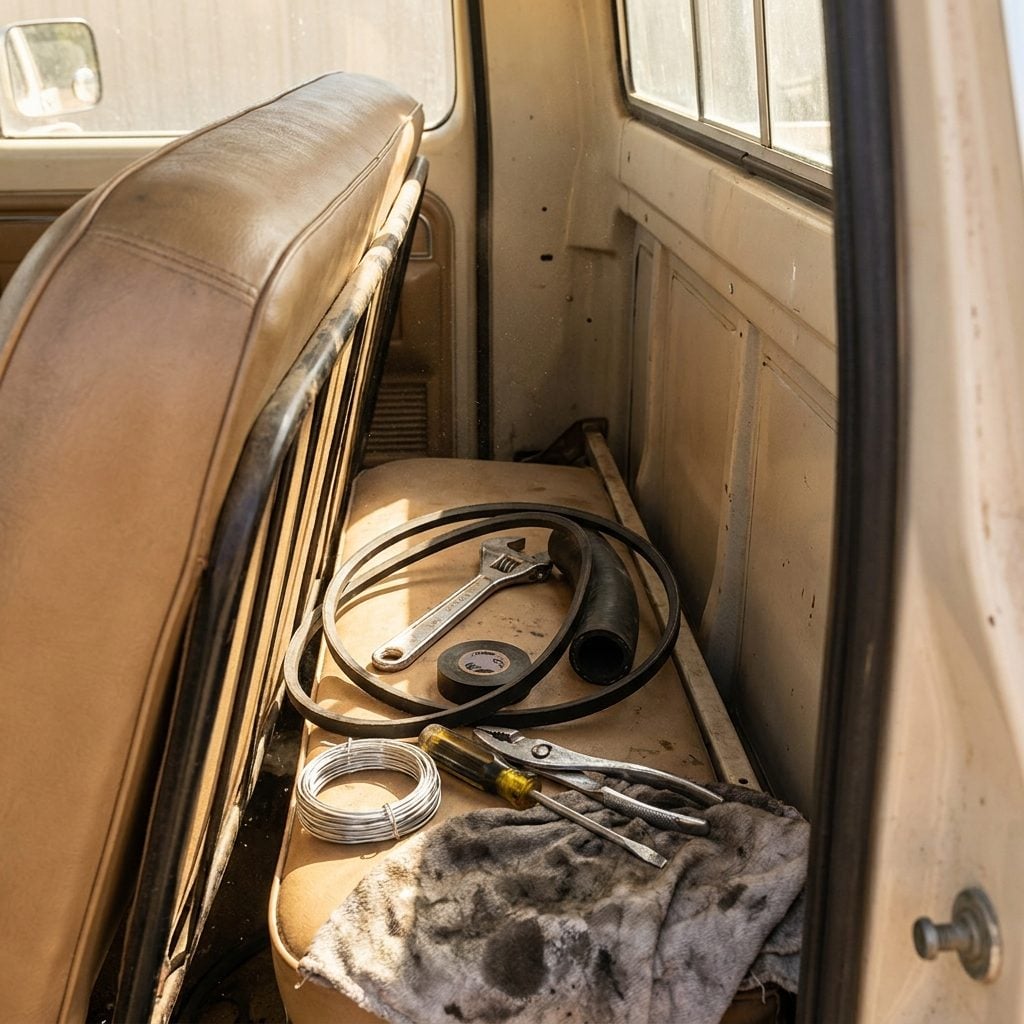 Spare Fan Belts, Radiator Hoses, and a Full Tool Kit Stuffed Behind the Seat