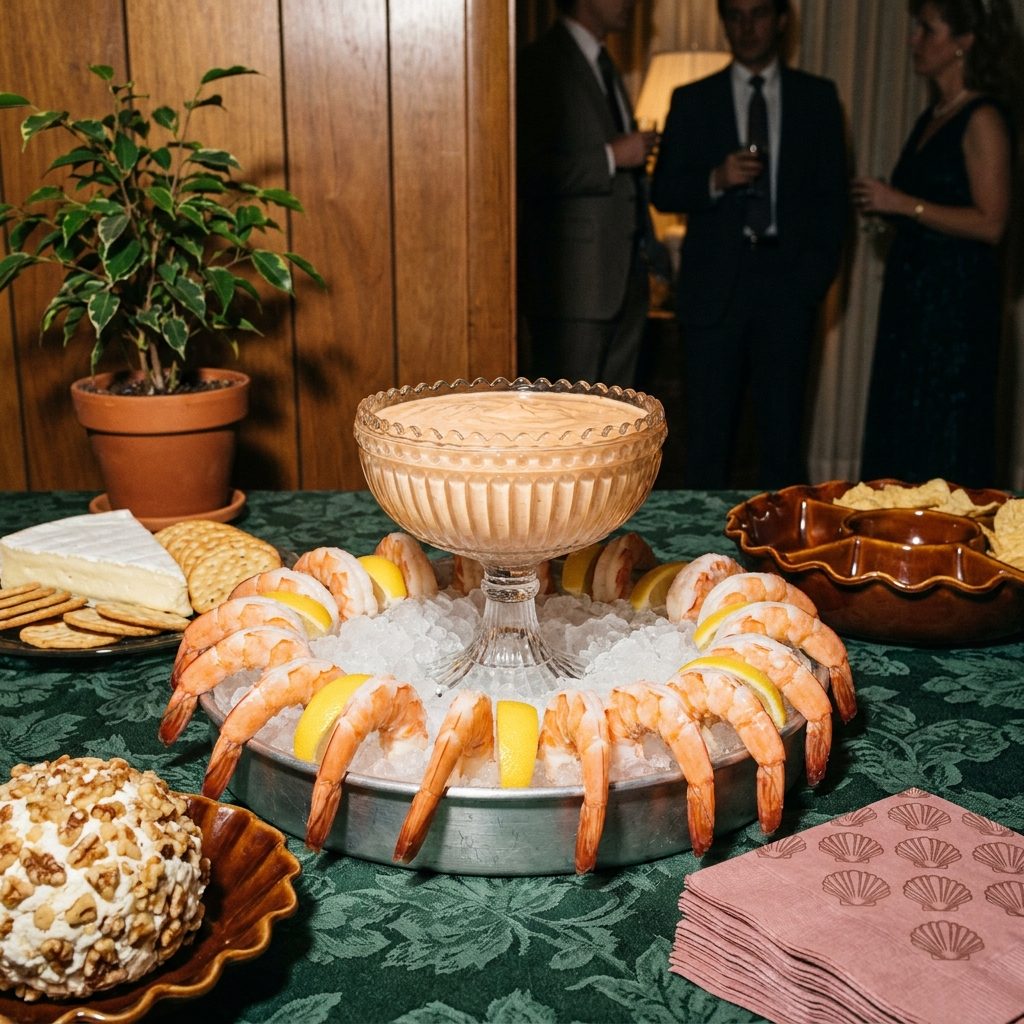 Shrimp Cocktail Ringing a Bowl of Thousand Island Dressing Instead of Cocktail Sauce