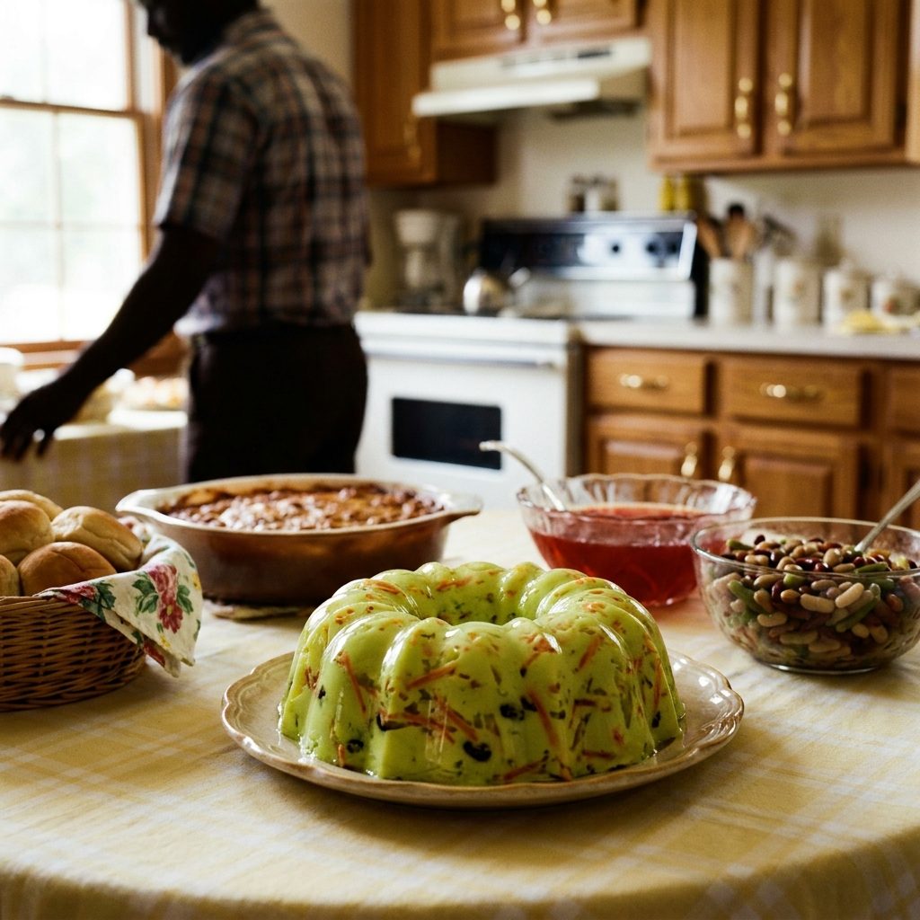 Jell-O Salad with Shredded Carrots, Raisins, and the Confidence of a Casserole
