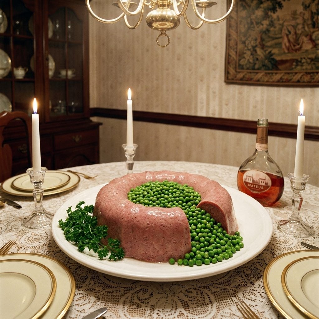 Corned Beef Molded Into a Ring Around a Pile of Canned Peas