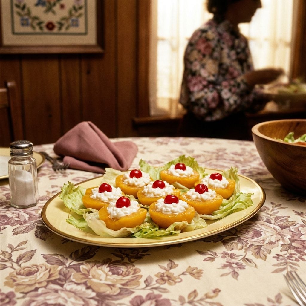 Canned Peach Halves Stuffed with Cottage Cheese on a Bed of Iceberg
