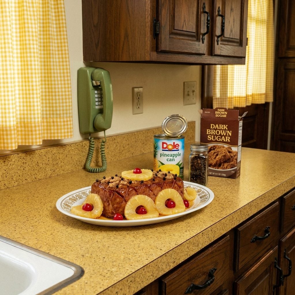 Spam Slices Glazed with Cloves and Canned Pineapple Rings