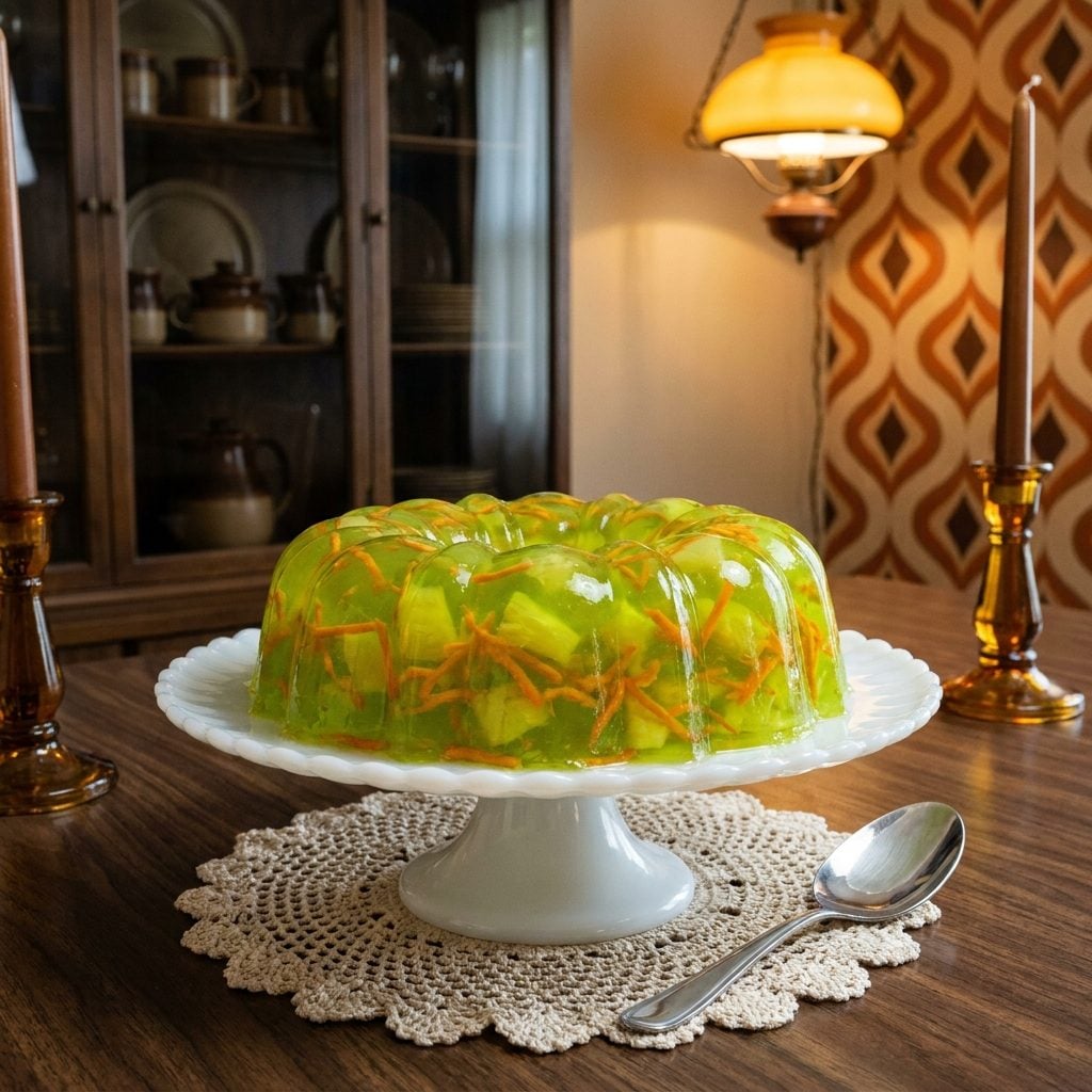 Lime Jell-O Salad with Shredded Carrots and Pineapple Trapped Inside Like Fossils