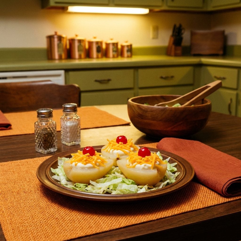 Pear Halves Topped with Mayonnaise and Shredded Cheddar