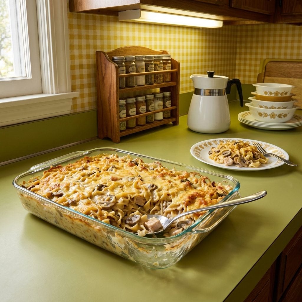 Turkey Tetrazzini Baked in Giant Casserole Dishes After Holidays