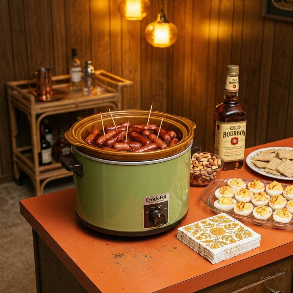 Mini Cocktail Sausages Simmered in Barbecue Sauce and Bourbon