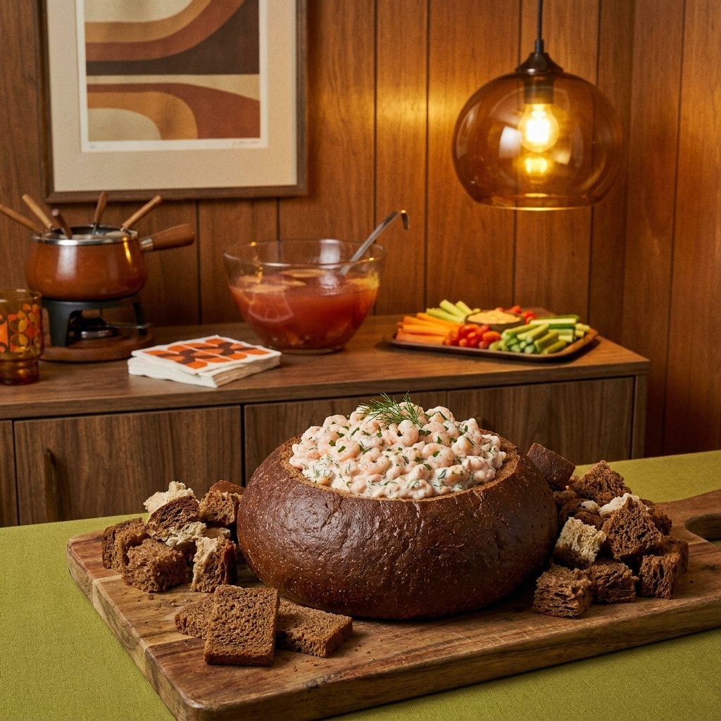 Shrimp Dip Served Cold in Hollowed-Out Pumpernickel Bread Bowls