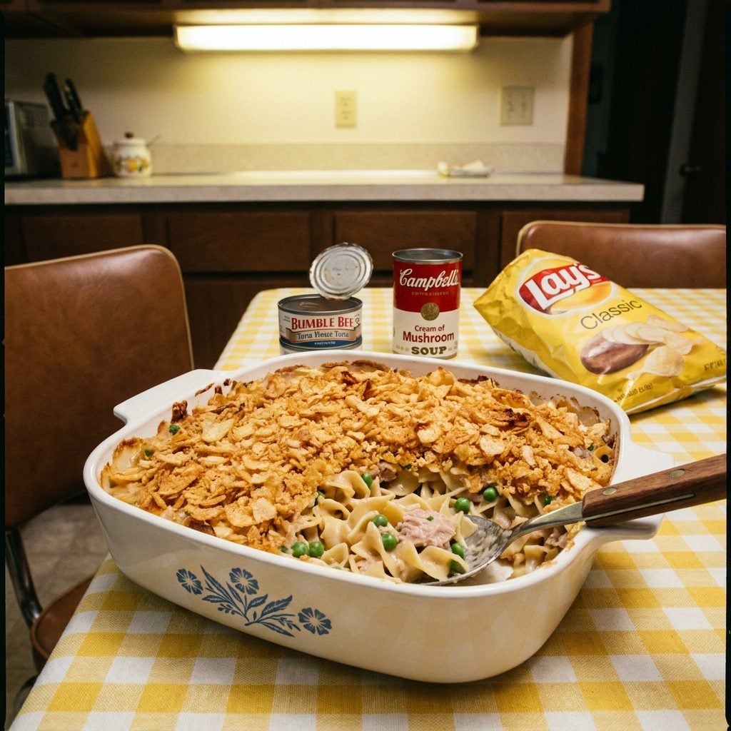 Tuna Noodle Casserole Topped with Crushed Potato Chips Because Breadcrumbs Weren't Fancy Enough