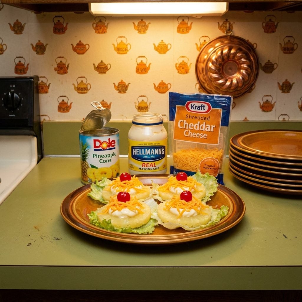 Pineapple Rings Stuffed with Mayonnaise and Shredded Cheddar, Presented as a Salad