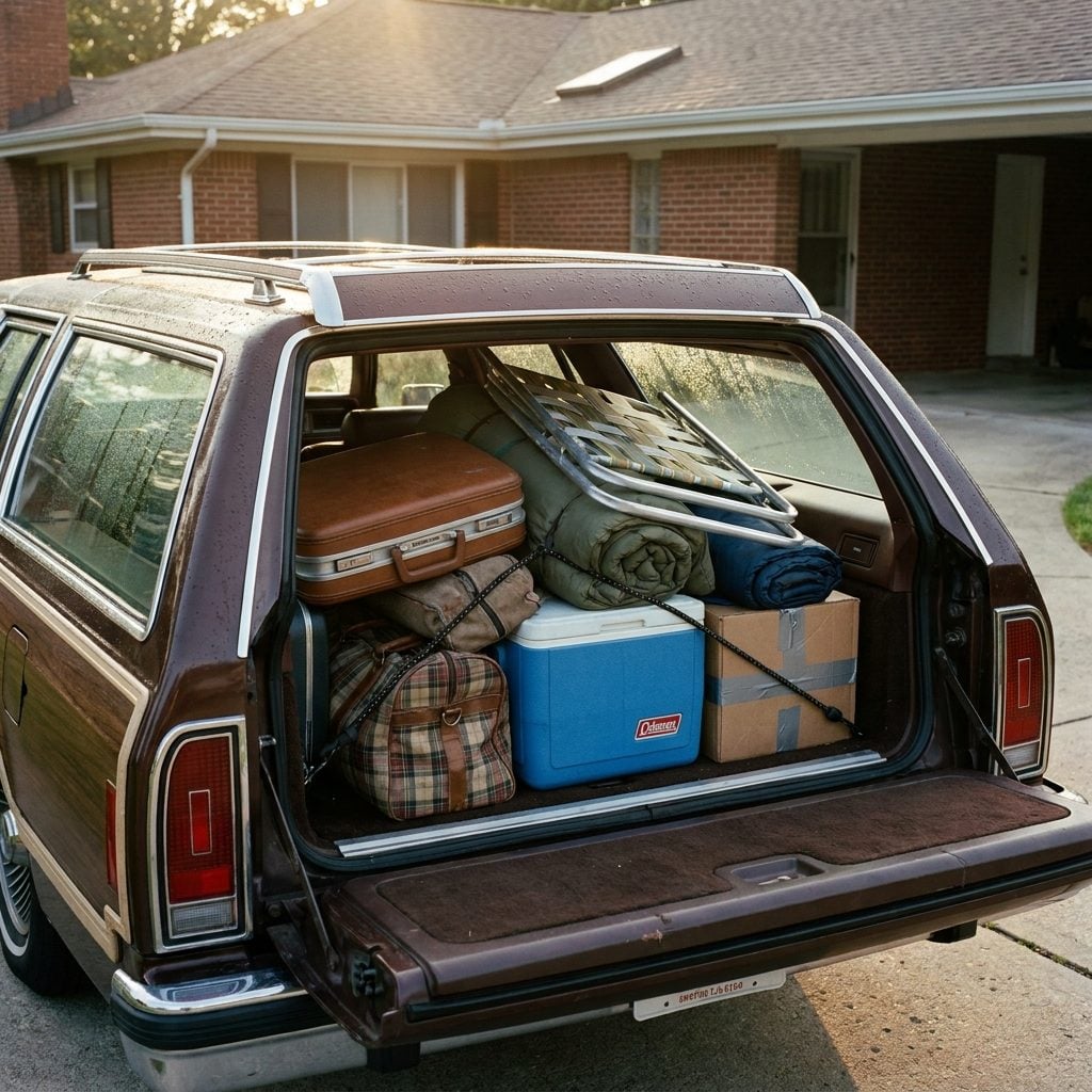 Watching Luggage Stacked Dangerously High Behind the Rear Seat of the Station Wagon