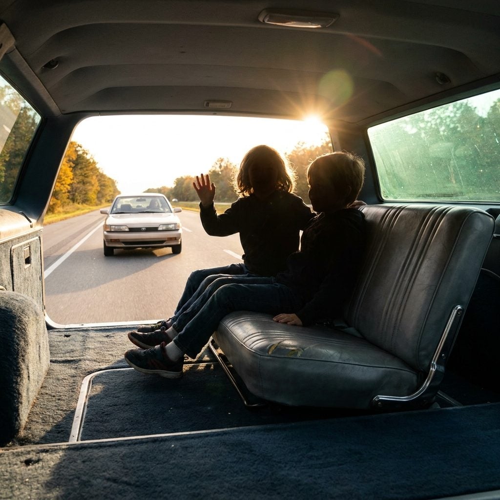 Riding Backward in Rear-Facing Station Wagon Seats and Waving at Strangers