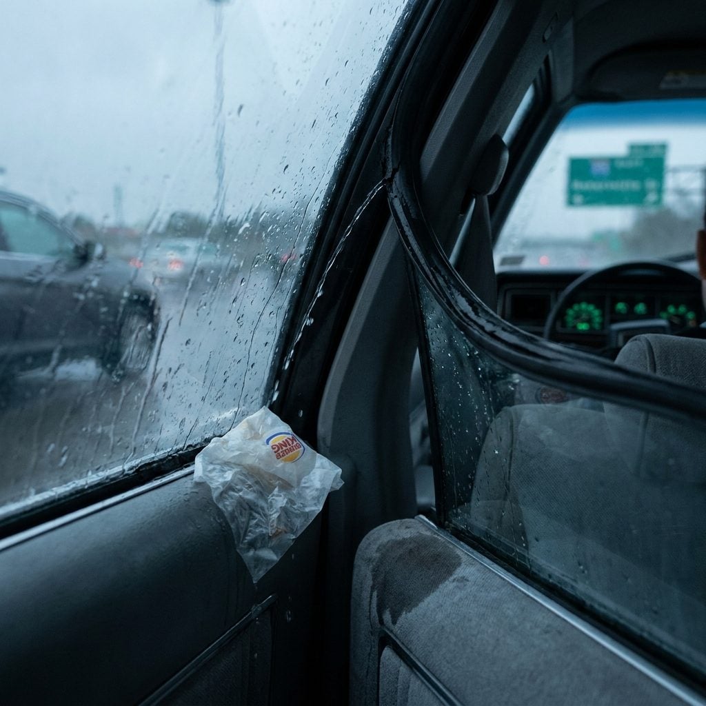 Watching Rainwater Creep Inside the Side Window Seal Like a Slow-Motion Horror Movie