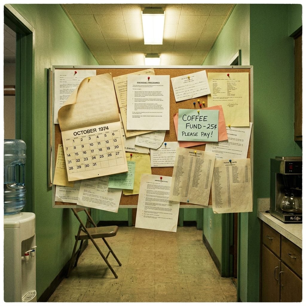 The Cork Bulletin Board So Overloaded the Bottom Row of Memos Was Basically Archaeological