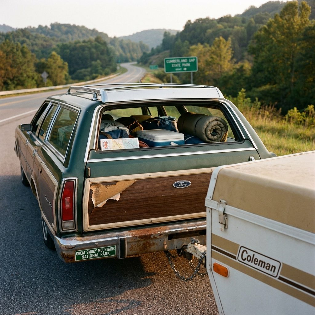 The Wood-Paneled Station Wagon Towing a Pop-Up Camper at 55 MPH on Pure Optimism