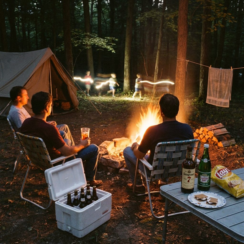 Adults With Cocktails Around the Fire While Kids Played Flashlight Tag Until Someone Cried