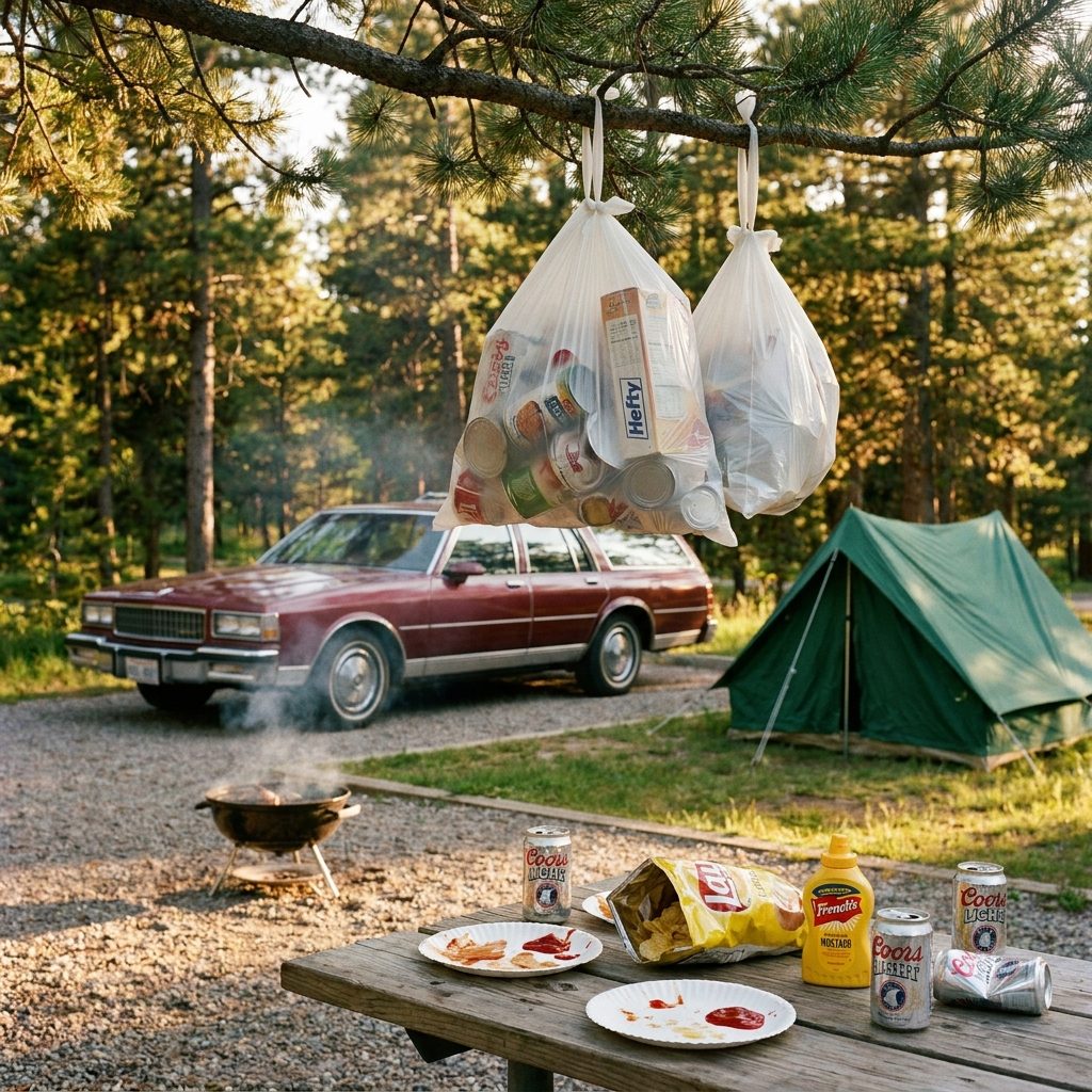 Trash Bags Hung From a Tree Branch Because Bears Were a Rumor, Not a Policy