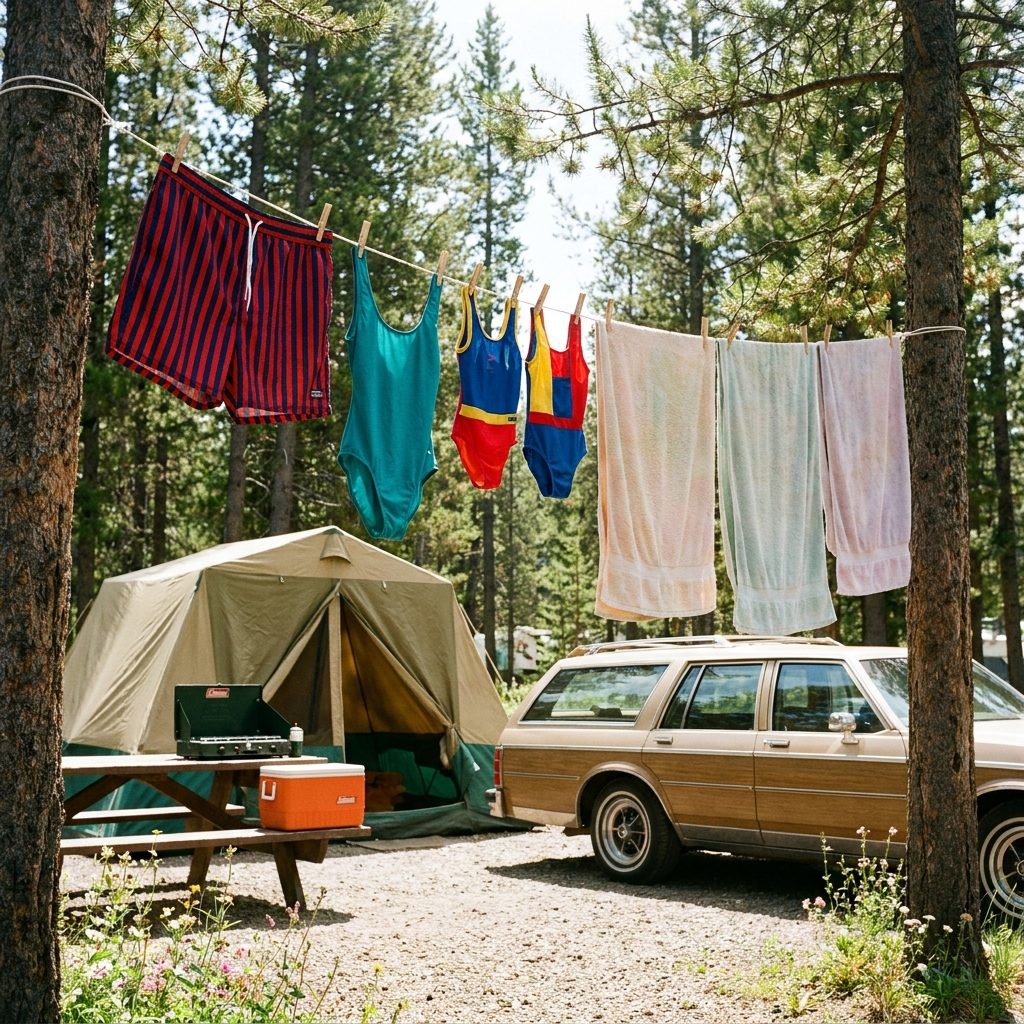 The Clothesline Strung Between Two Trees Displaying the Family's Swimsuits for the Entire Campground