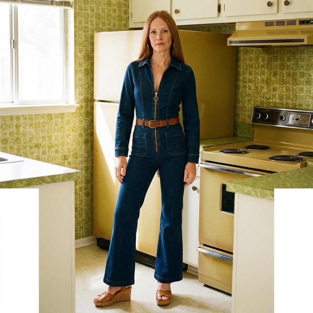 The Denim Jumpsuit With a Front Zipper Running From Collarbone to Waist