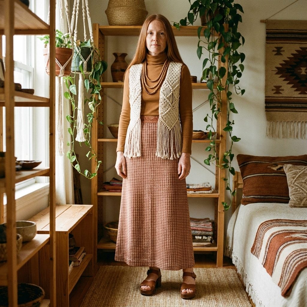 A Macramé Vest Layered Over a Turtleneck and Maxi Skirt Like a Textile Thesis Statement